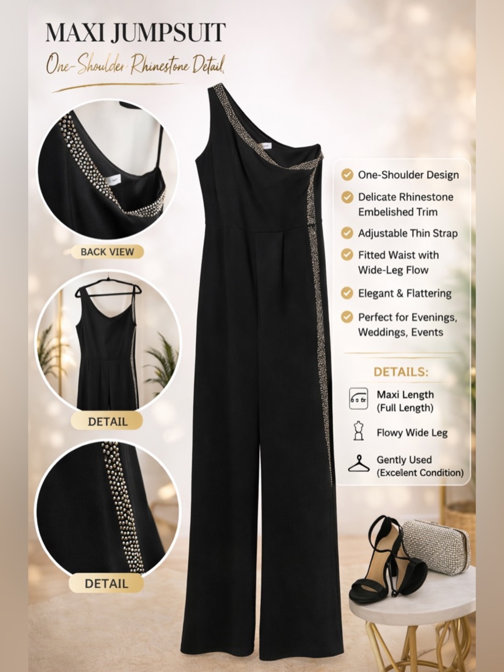 Calvin Klein Black One-Shoulder Maxi Jumpsuit with Rhinestone Trim - Picture 1 of 3